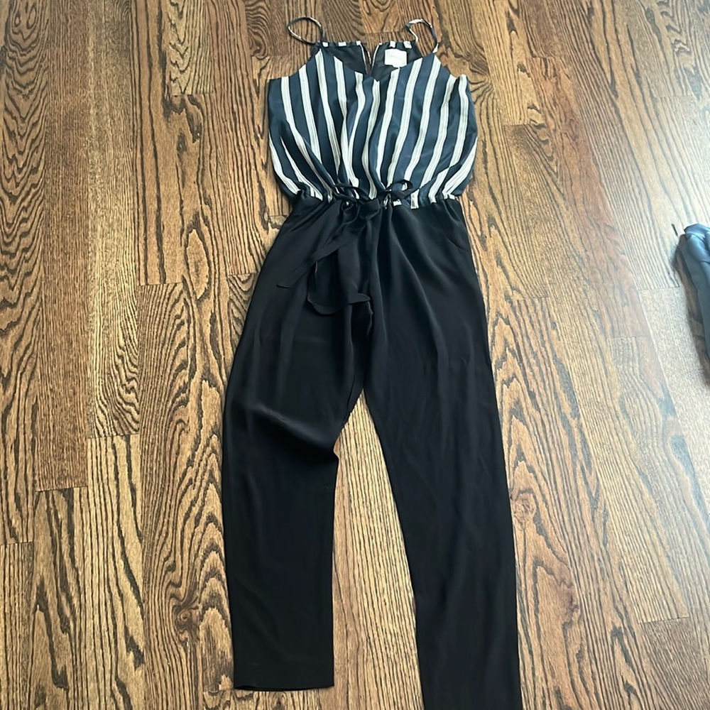 Michelle mason 0 XS black blue stripe 100% silk jumpsuit